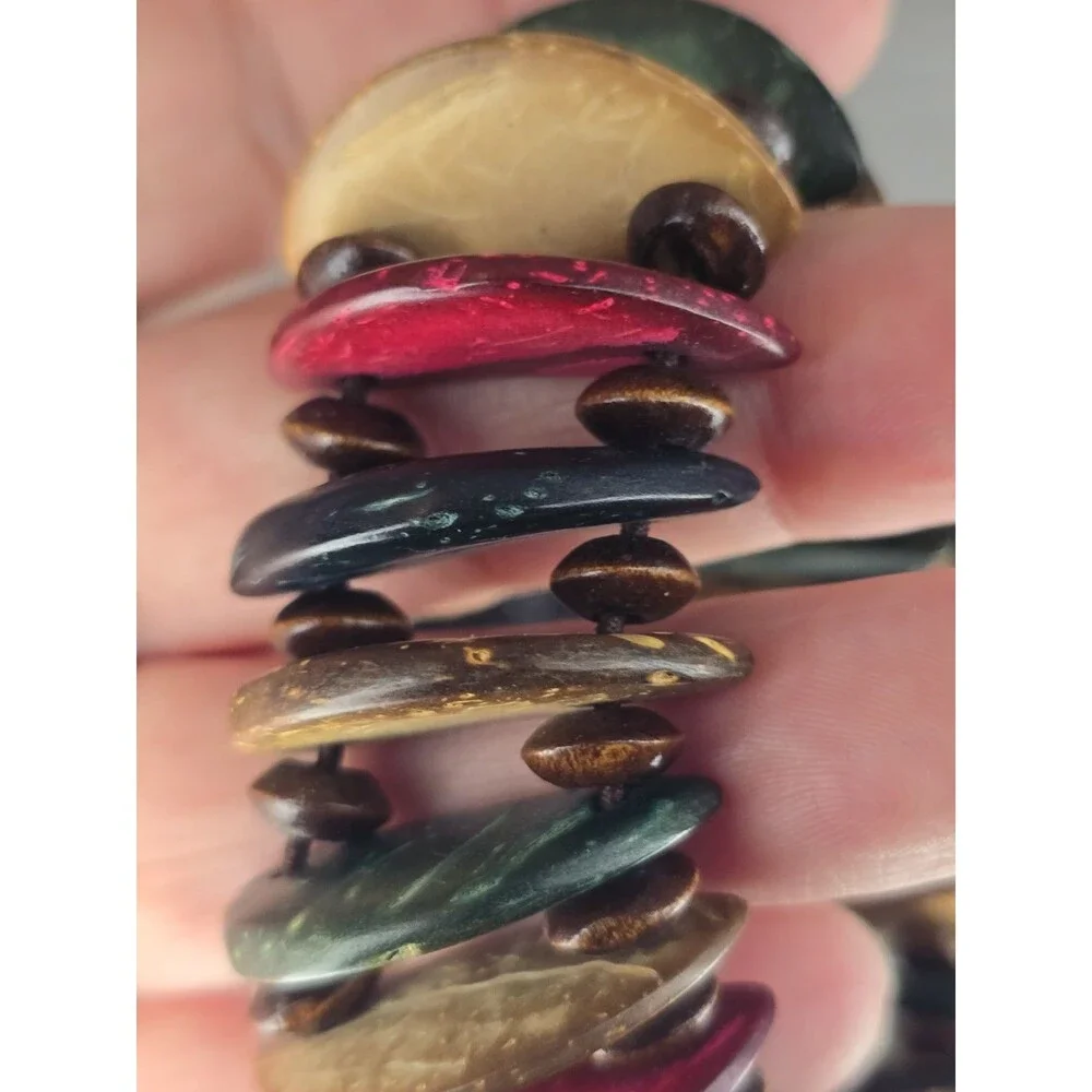 Vintage Stretch Bracelet Multicolor Shell Wood Beaded Boho Tropical Shell Tribal